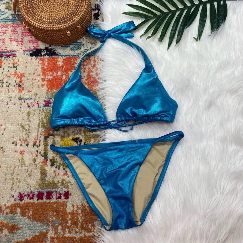 Y2K 2000s Victoria's Secret Blue Shimmer Two Piece Bikini Swimsuit Large / Small